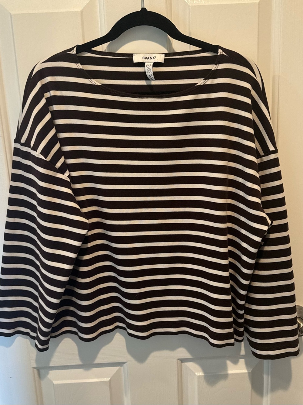 SPANX Brown & White Striped Boatneck Long Sleeve Top Size 1X